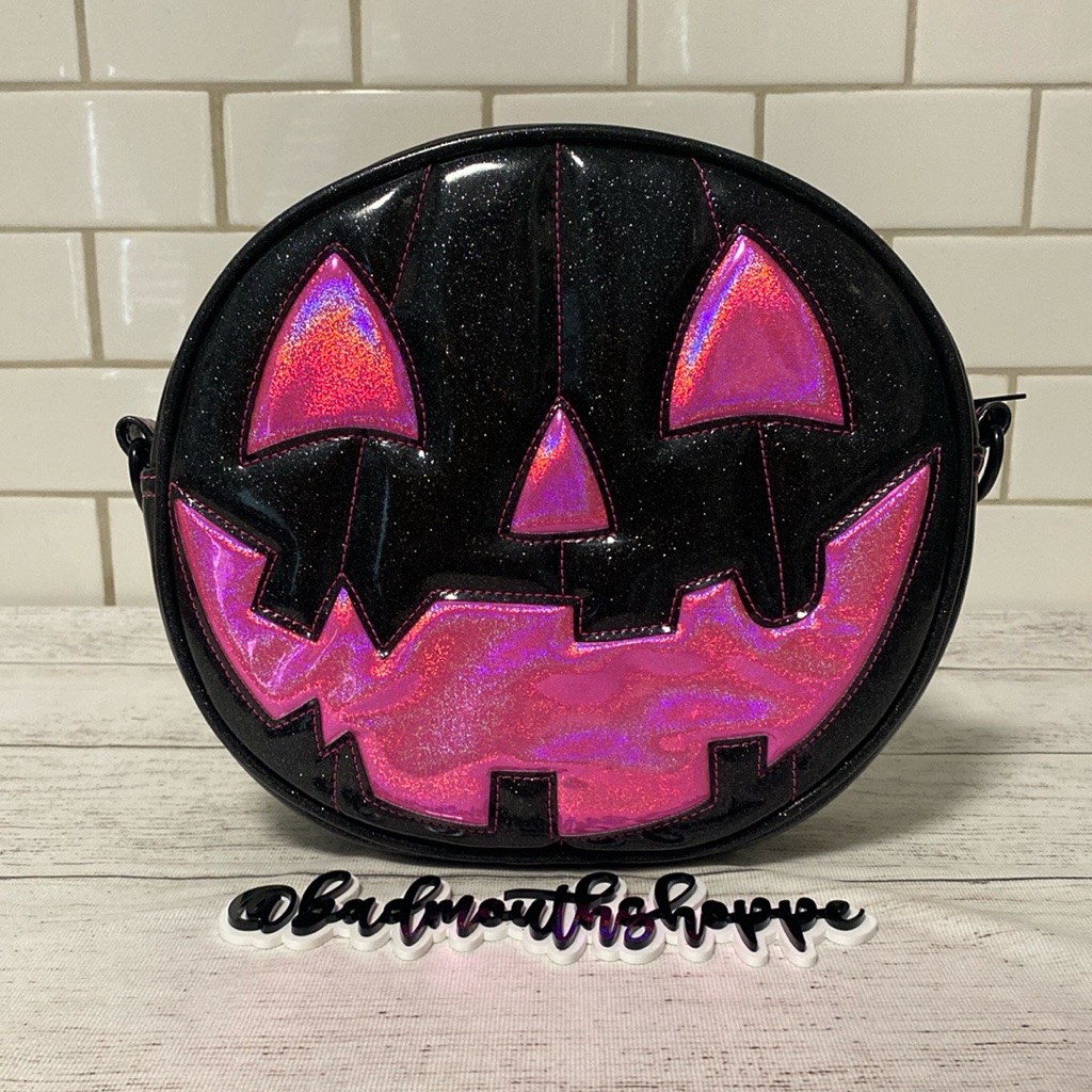 *Love Pain & Stitches Happy Tooth Glitter Black And Iridescent Pink Pumpkin Bag
